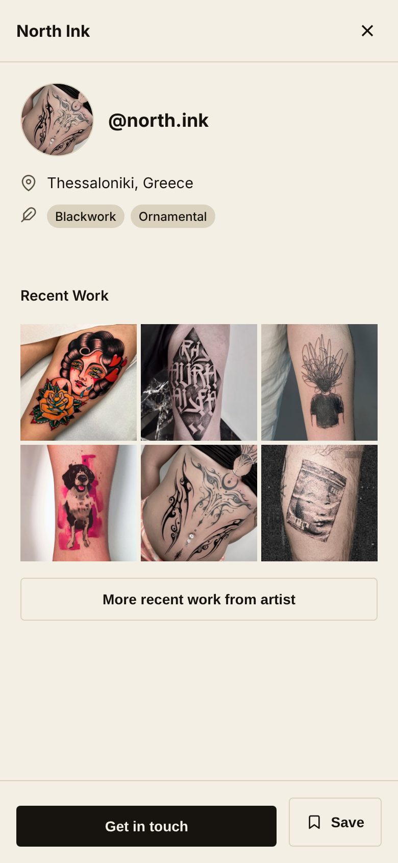 An artist's profile in Hardy: their handle, city, styles and recent work.