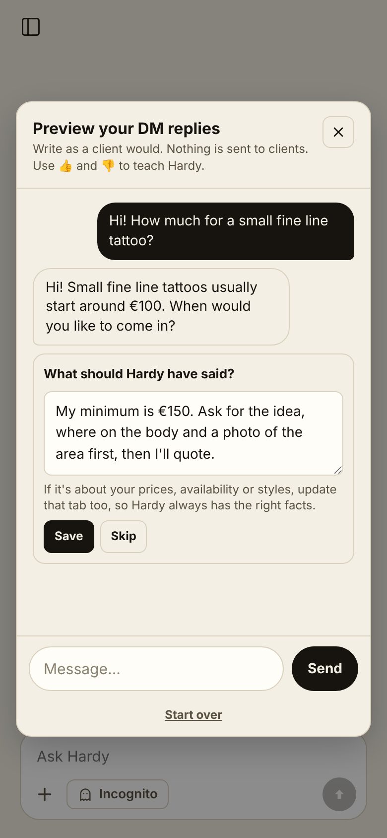 Preview your DM replies: Hardy answers a price question, and the artist writes what Hardy should have said instead.